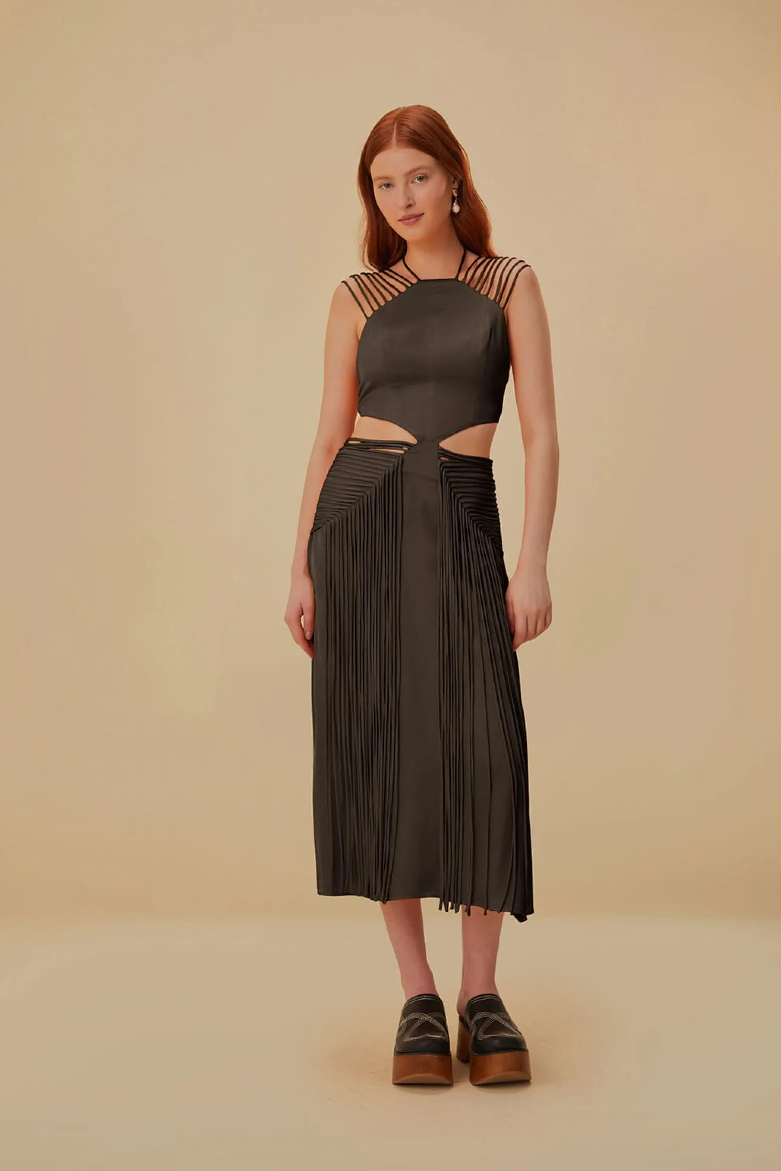 BROWN FRINGED SLEEVELESS MIDI DRESS