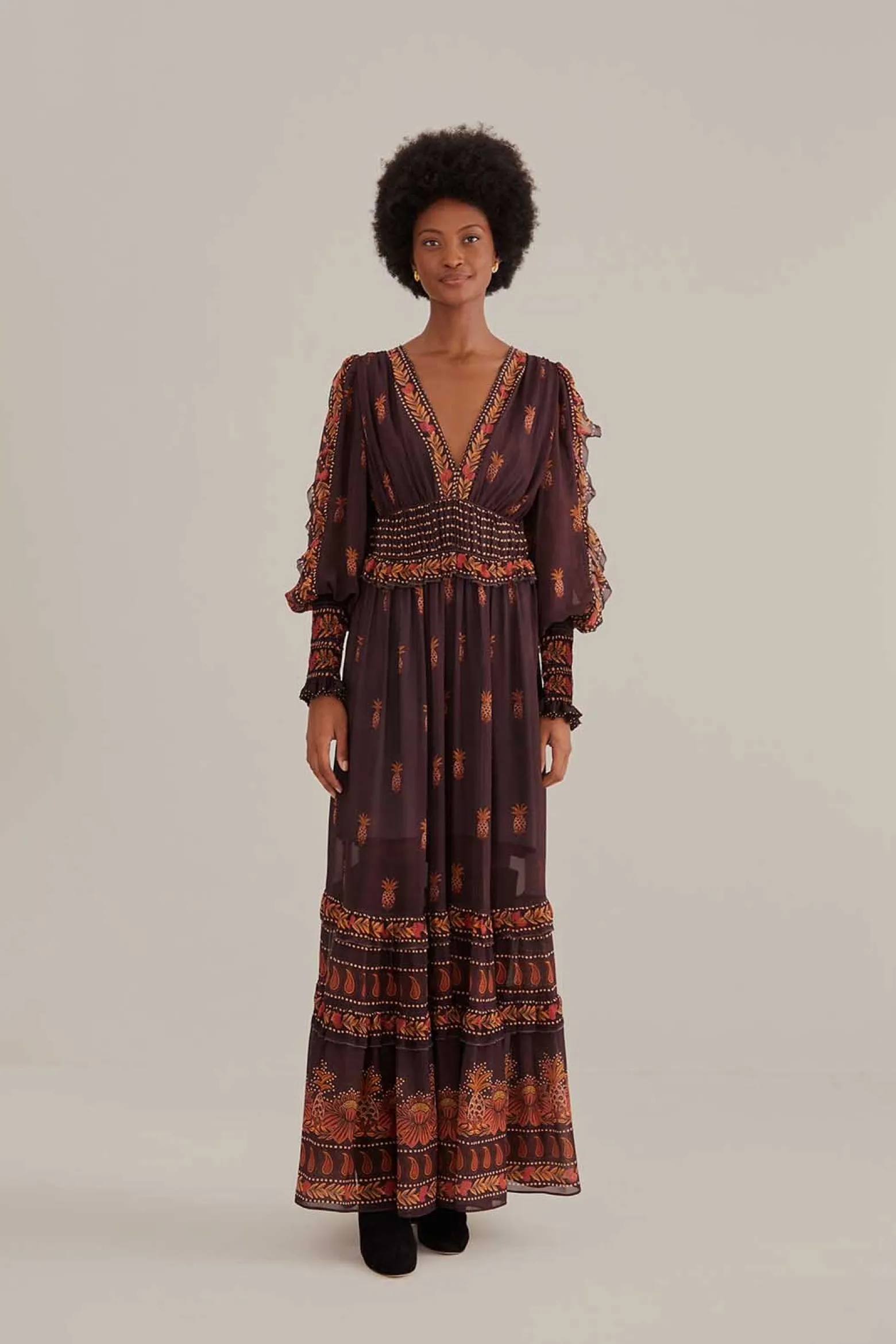 BROWN PAISLEY BLOOM LONG SLEEVE MAXI DRESS