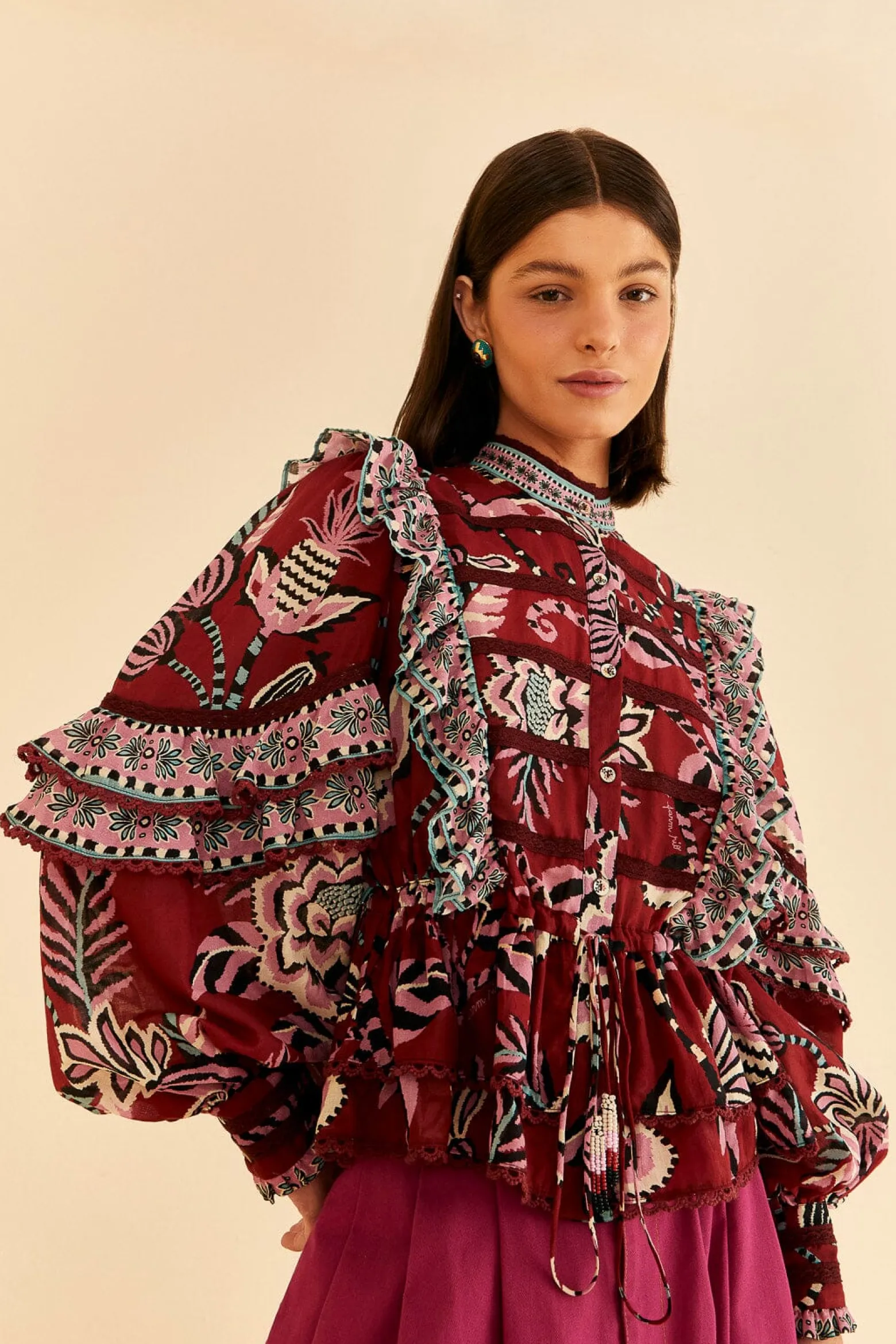 BURGUNDY PINEAPPLE INSPIRATION RUFFLE BLOUSE