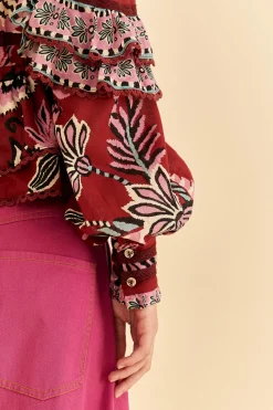 BURGUNDY PINEAPPLE INSPIRATION RUFFLE BLOUSE