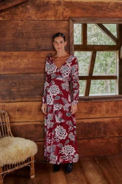 BURGUNDY PINEAPPLE INSPIRATION V NECK MAXI DRESS