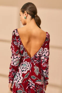 BURGUNDY PINEAPPLE INSPIRATION V NECK MAXI DRESS