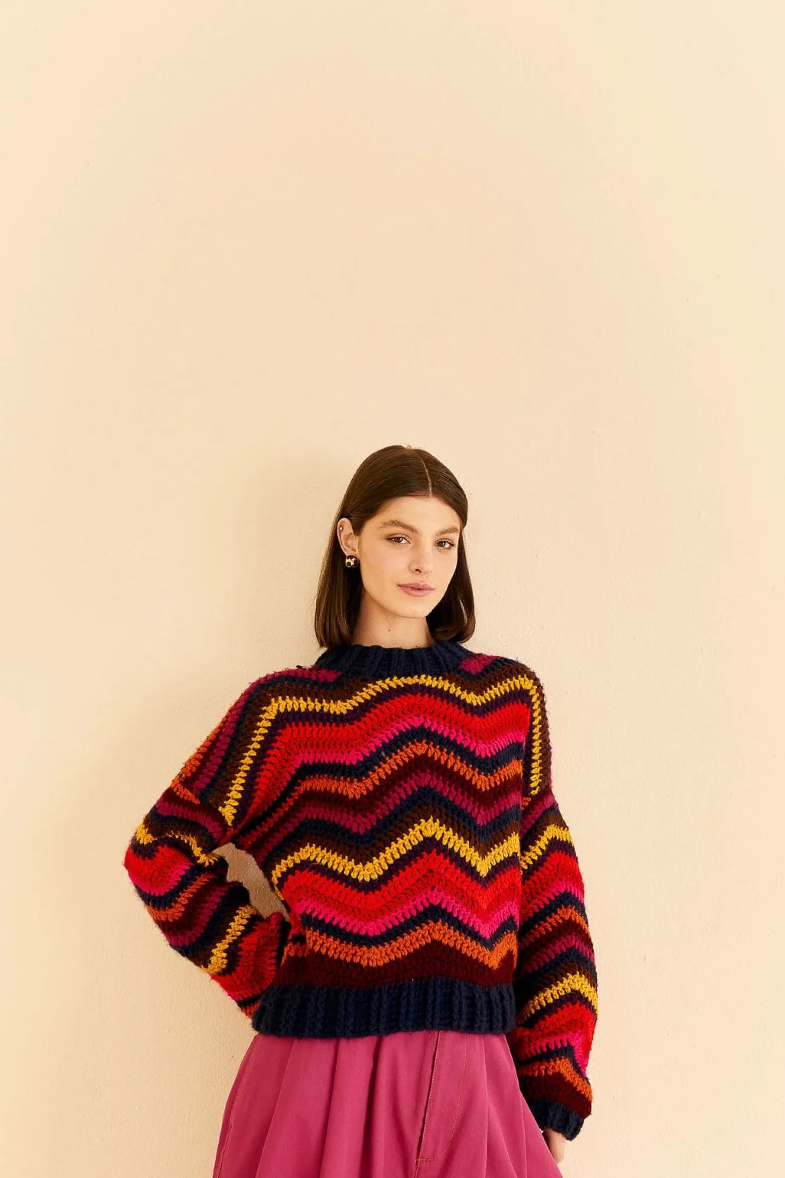 COLORFUL WAVES CROCHET HIGH NECK SWEATER