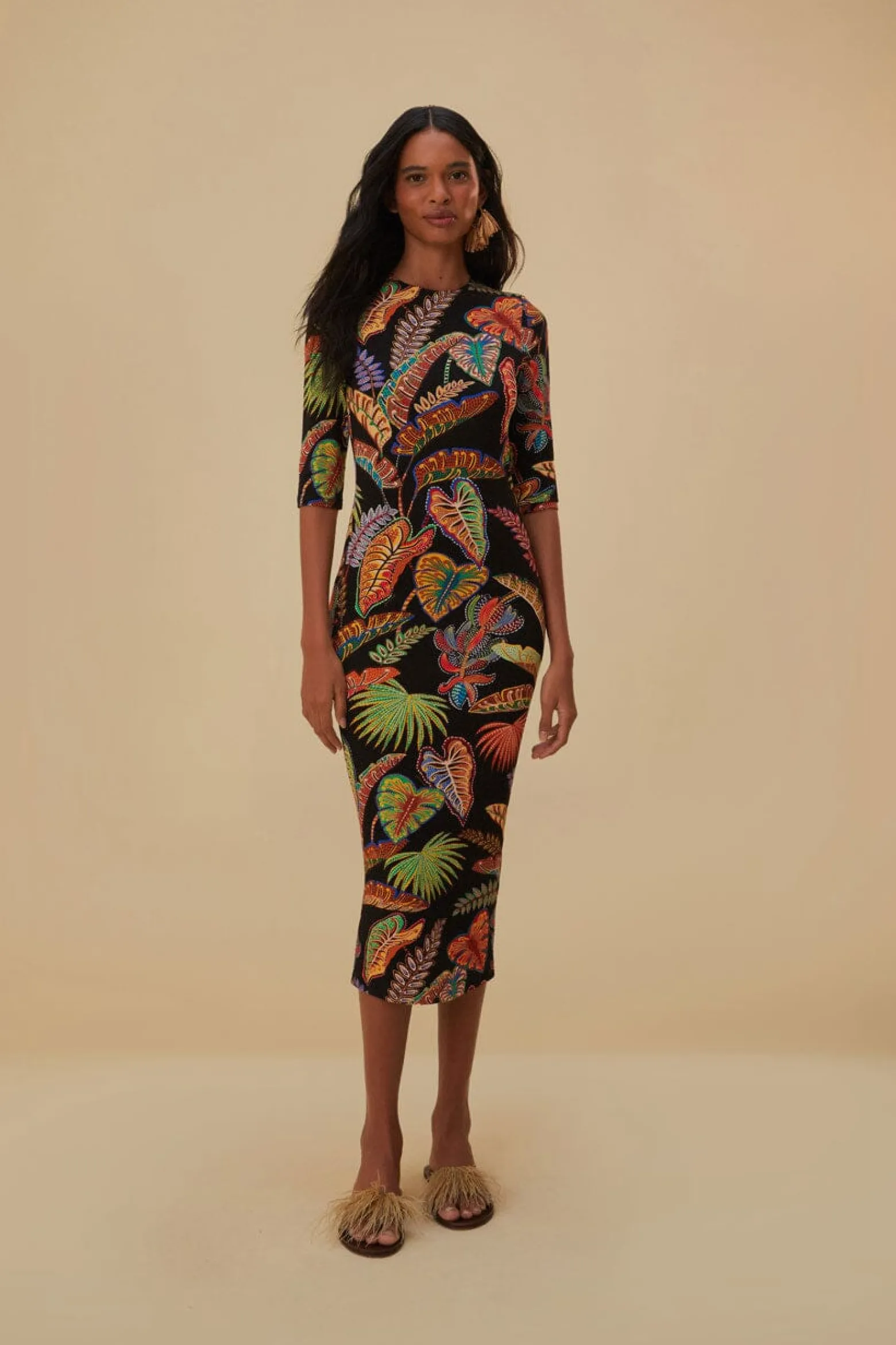 COOL FOLIAGE BLACK JERSEY MIDI DRESS