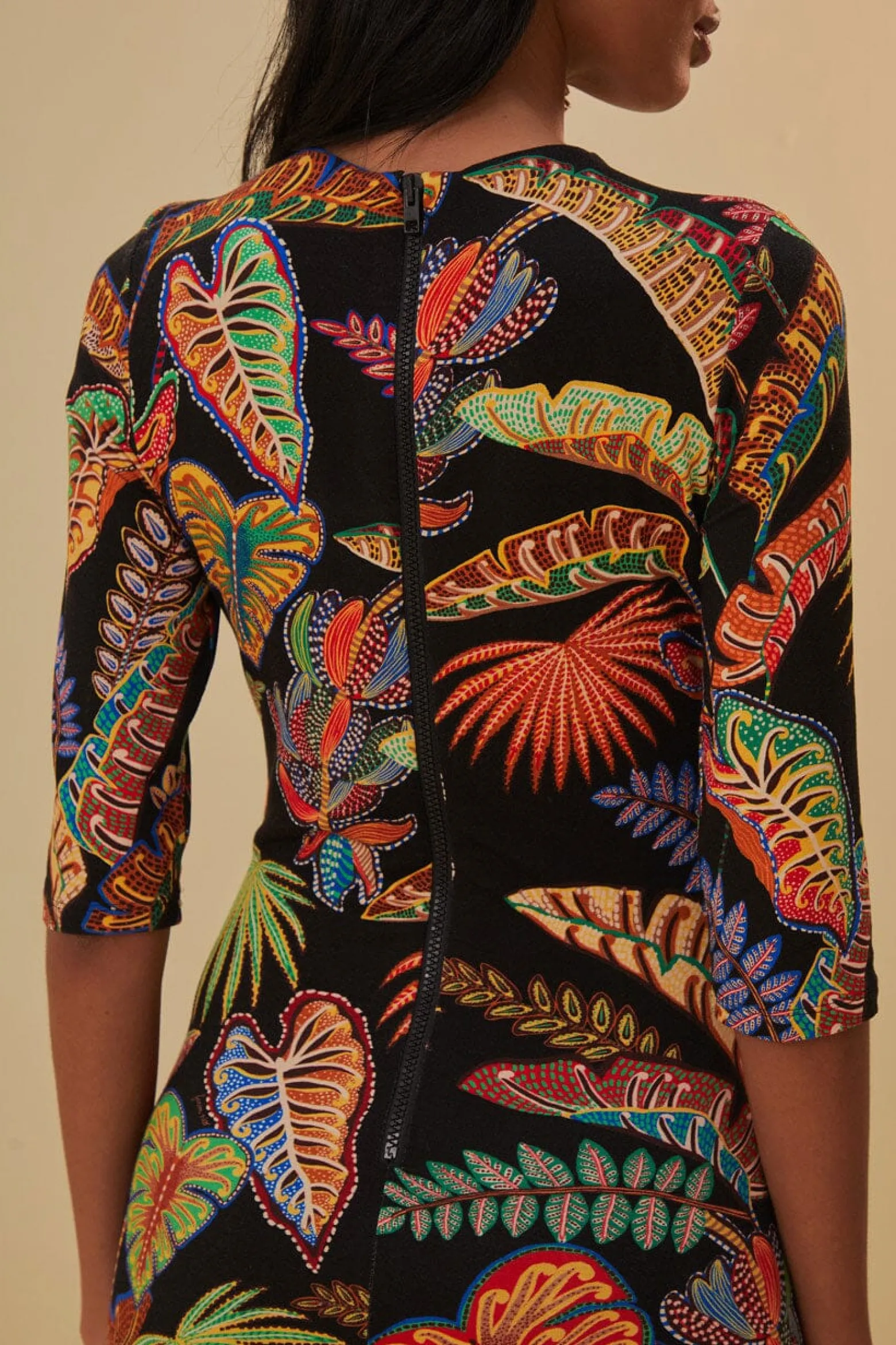 COOL FOLIAGE BLACK JERSEY MIDI DRESS