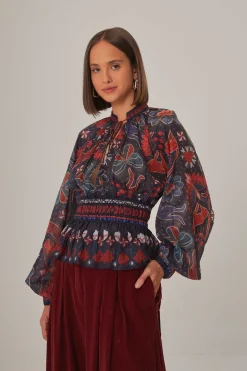  DARK BLUE TROPICAL SHINE V NECK BLOUSE
