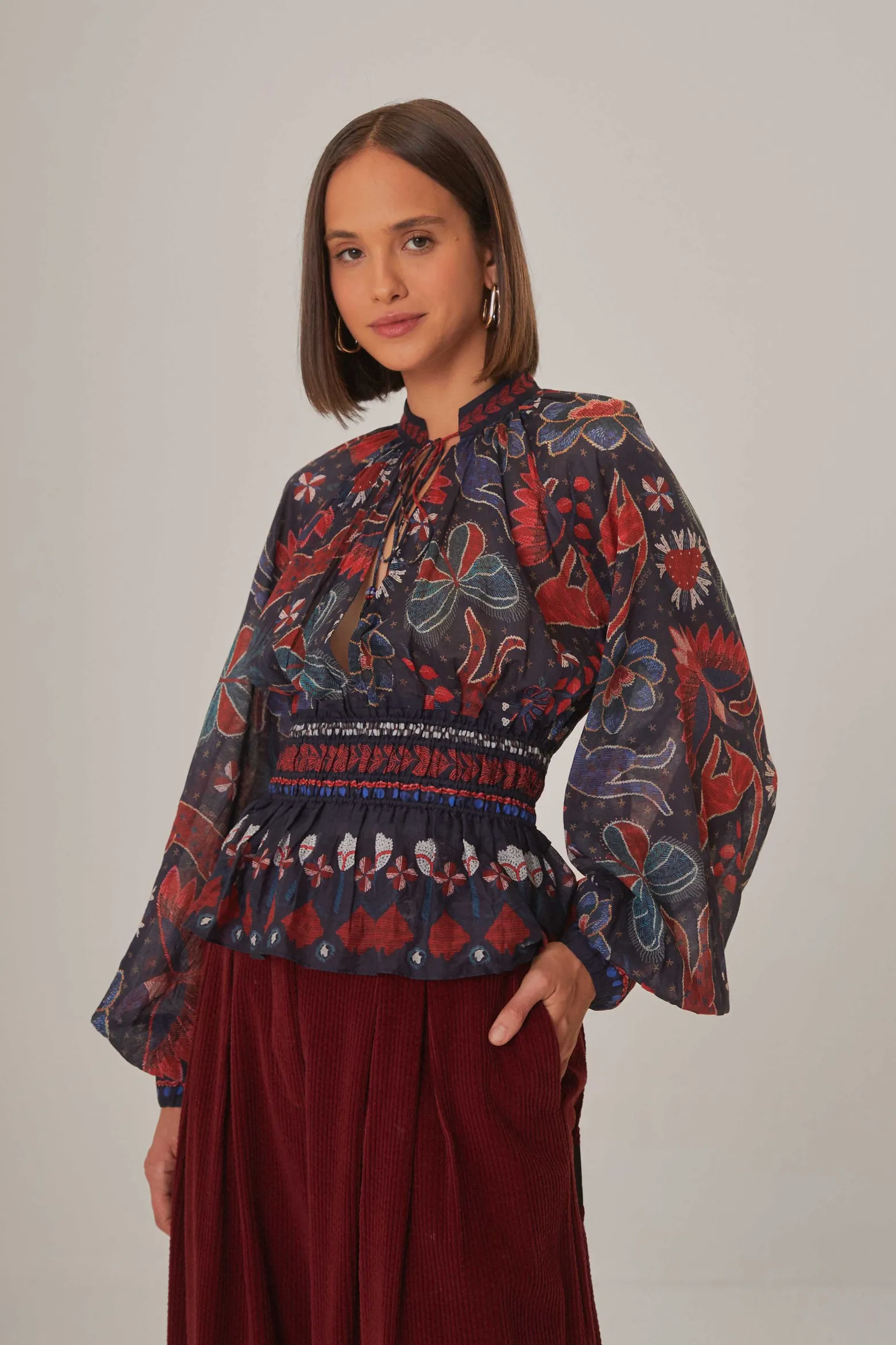 DARK BLUE TROPICAL SHINE V NECK BLOUSE
