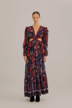 DARK BLUE TROPICAL SHINE CUT OUT MAXI DRESS