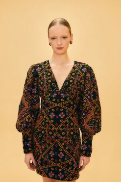  EMBROIDERED CORDUROY PUFF SLEEVE MINI DRESS