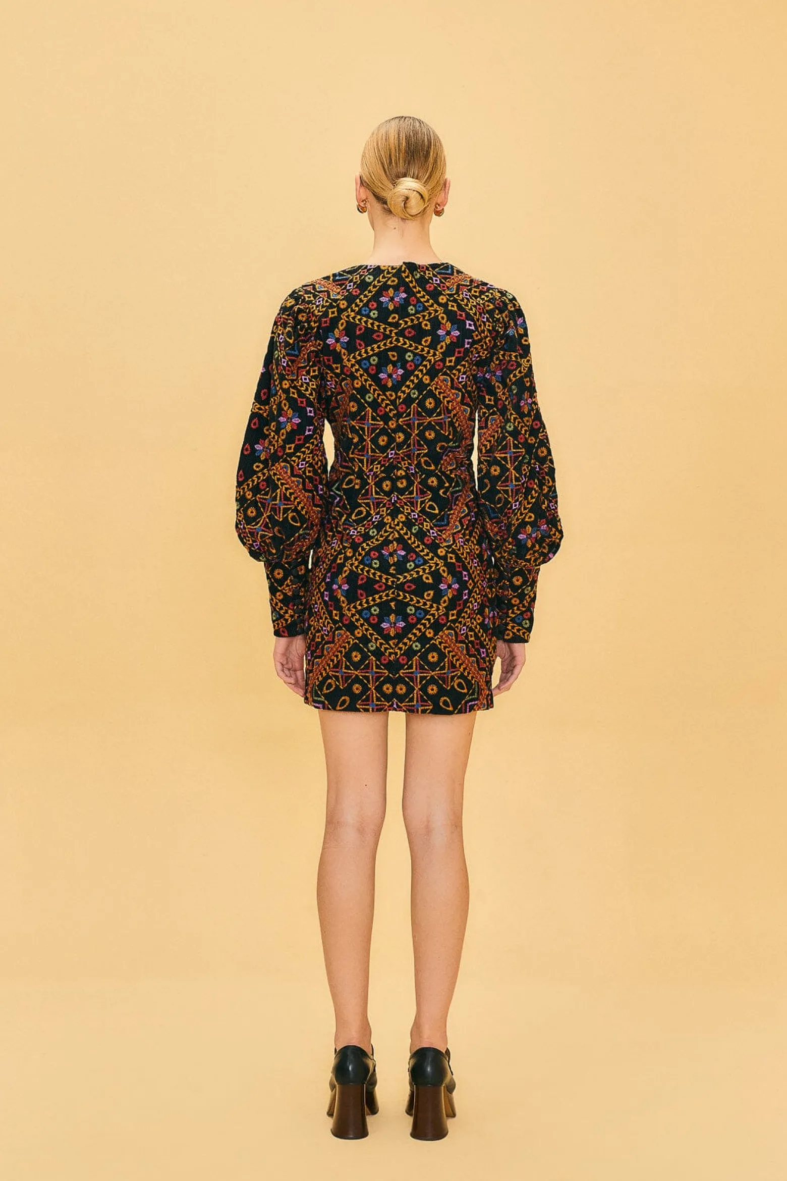 EMBROIDERED CORDUROY PUFF SLEEVE MINI DRESS