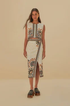 FLOWER FAN TAPESTRY OFF-WHITE WRAP MIDI SKIRT