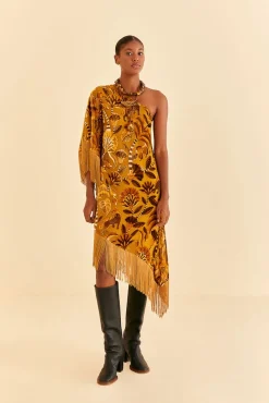 GOLDEN YELLOW VELVET ONE SHOULDER FRINGE DRESS