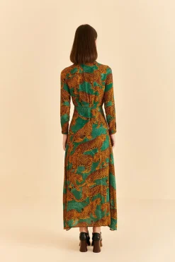 GREEN ARTSY LEOPARDS LONG SLEEVE MAXI DRESS