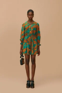  GREEN ARTSY LEOPARDS LONG SLEEVE MINI DRESS