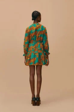 GREEN ARTSY LEOPARDS LONG SLEEVE MINI DRESS