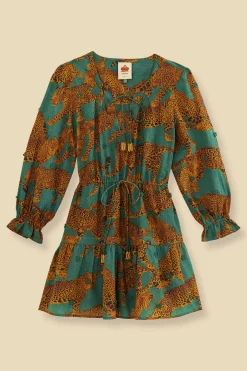 GREEN ARTSY LEOPARDS LONG SLEEVE MINI DRESS