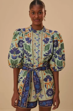  GREEN OCEAN TAPESTRY BELTED ROMPER