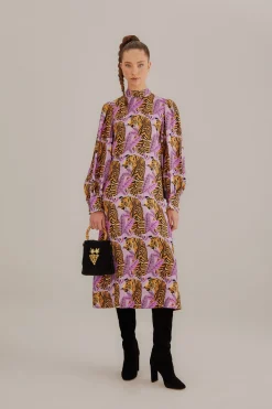 LAVENDER TIGER LEAVES MIDI DRESS
