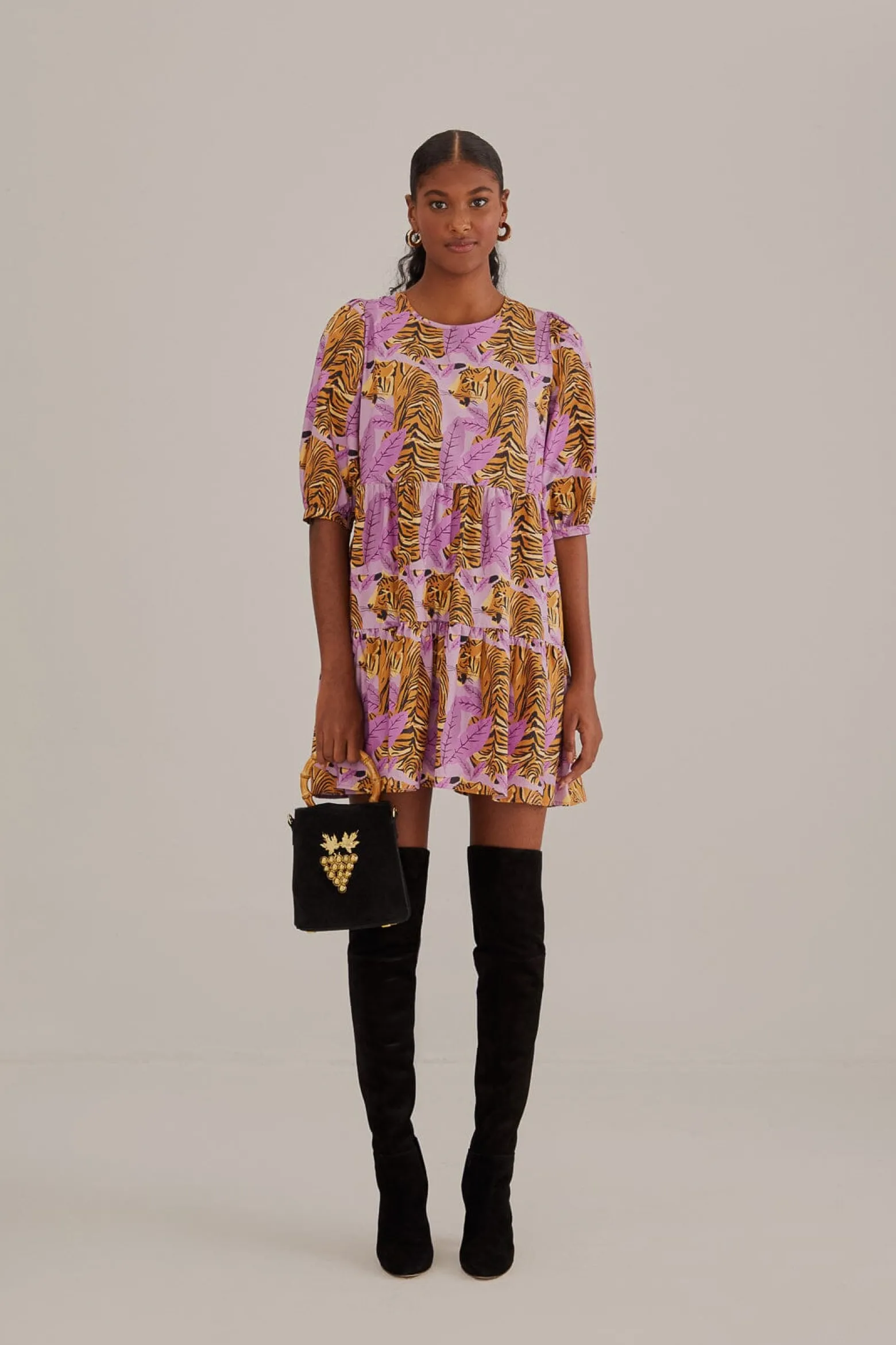 LAVENDER TIGER LEAVES PUFF SLEEVE MINI DRESS
