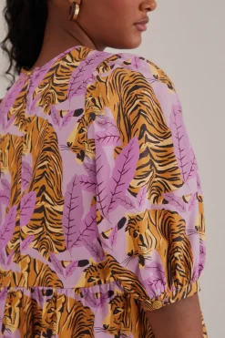 LAVENDER TIGER LEAVES PUFF SLEEVE MINI DRESS
