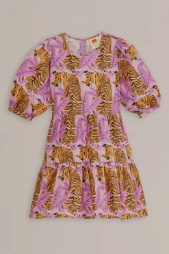 LAVENDER TIGER LEAVES PUFF SLEEVE MINI DRESS