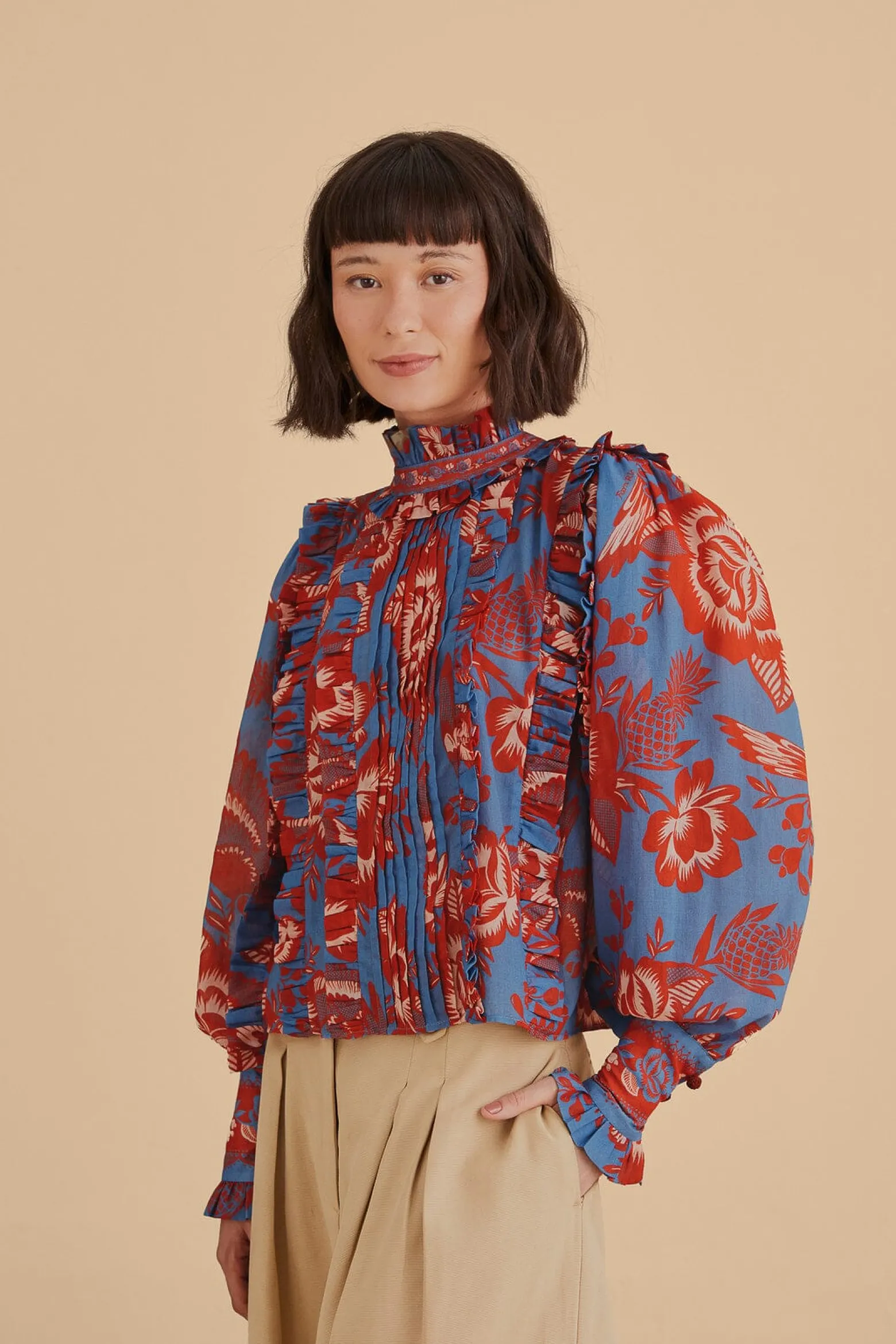 LIGHT BLUE LACE GARDEN RUFFLE BLOUSE