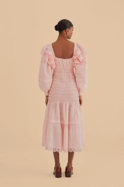 LIGHT PINK LONG SLEEVE SMOCKED MIDI DRESS