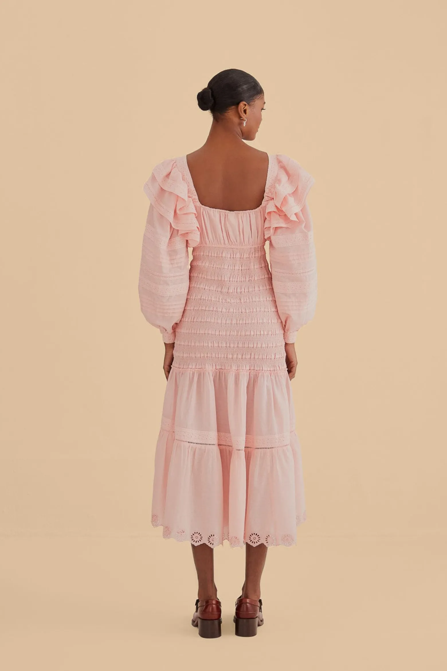 LIGHT PINK LONG SLEEVE SMOCKED MIDI DRESS