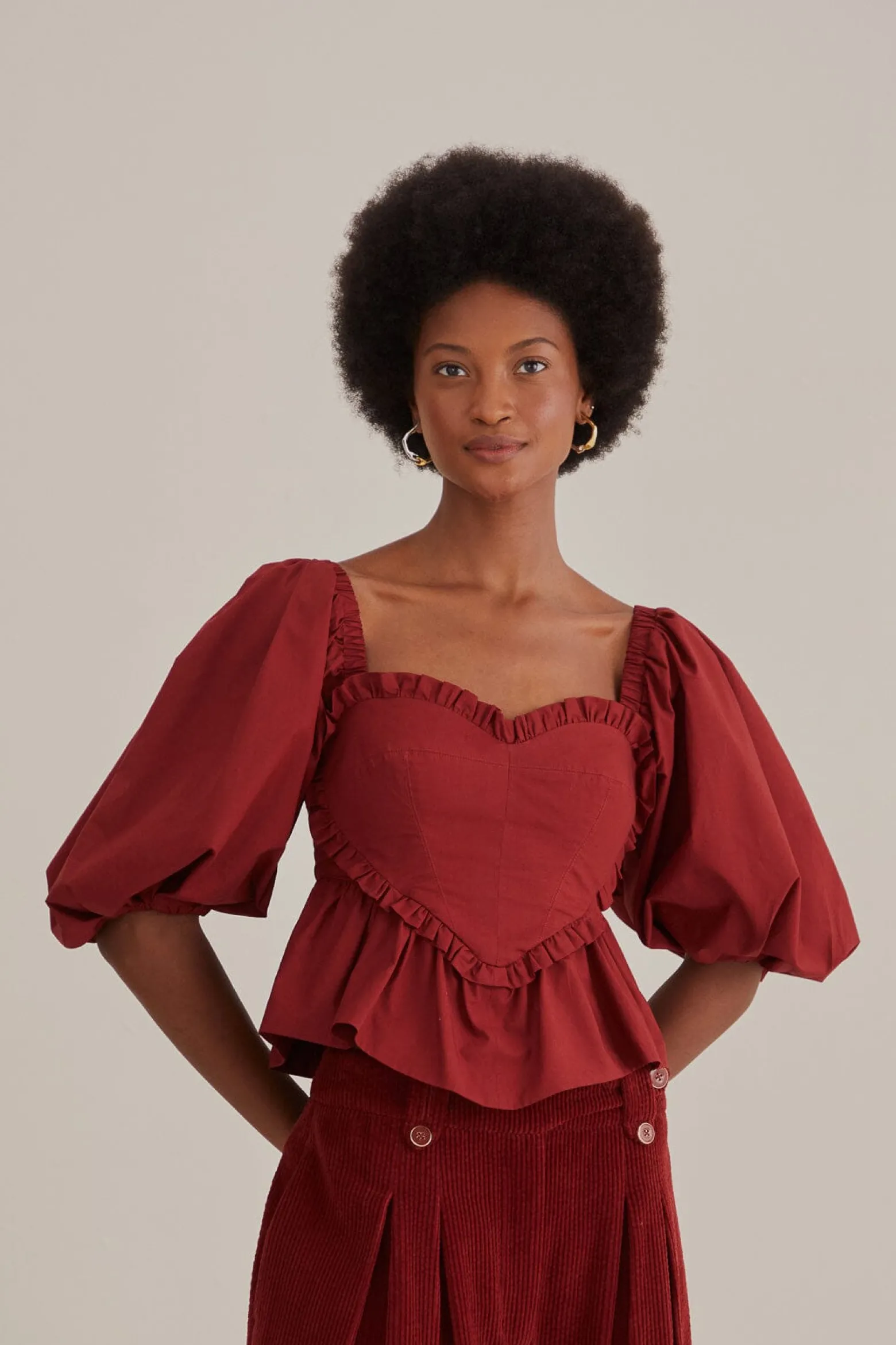 MARSALA HEART SHAPED PUFF SLEEVE BLOUSE