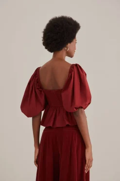 MARSALA HEART SHAPED PUFF SLEEVE BLOUSE