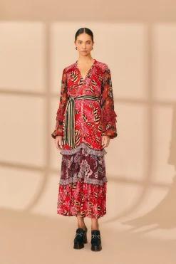 MIXED FLORAL PRINTS LONG SLEEVE MAXI DRESS