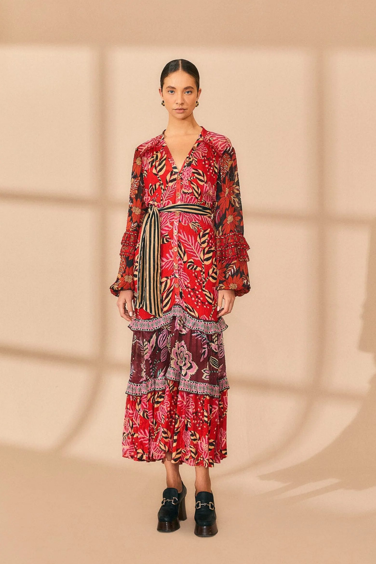 MIXED FLORAL PRINTS LONG SLEEVE MAXI DRESS