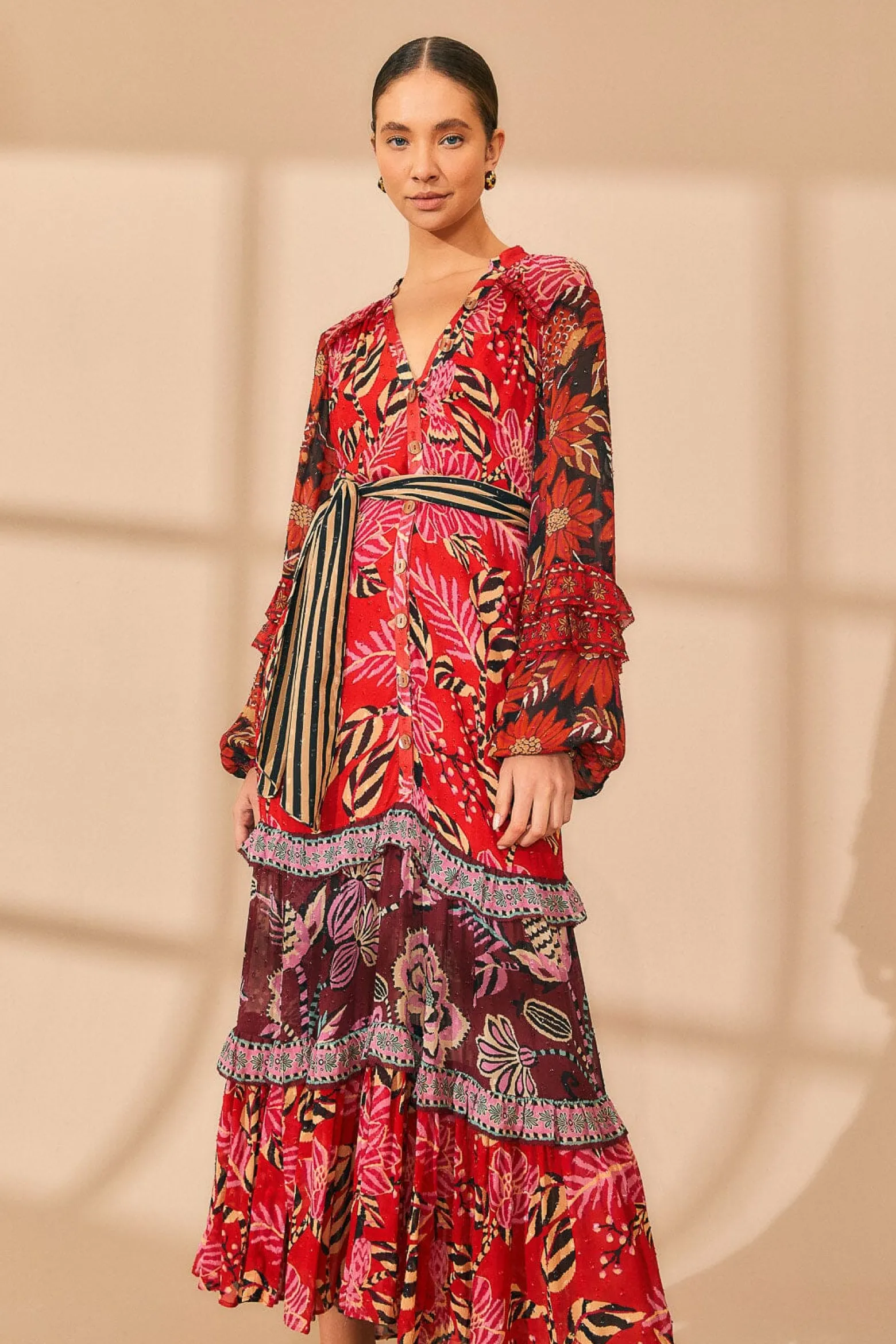 MIXED FLORAL PRINTS LONG SLEEVE MAXI DRESS