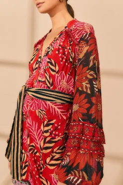 MIXED FLORAL PRINTS LONG SLEEVE MAXI DRESS