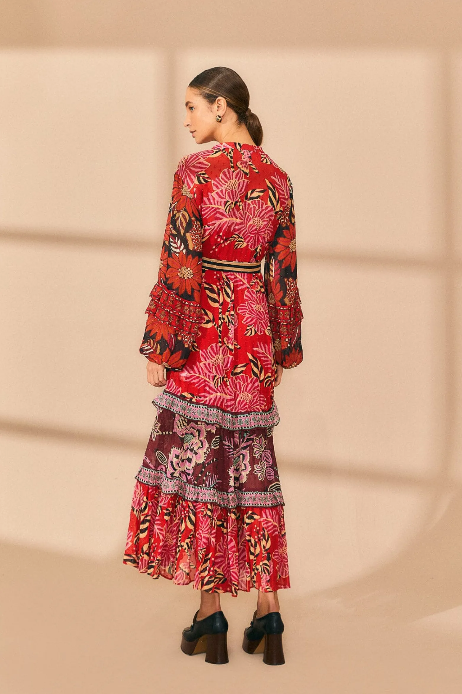 MIXED FLORAL PRINTS LONG SLEEVE MAXI DRESS