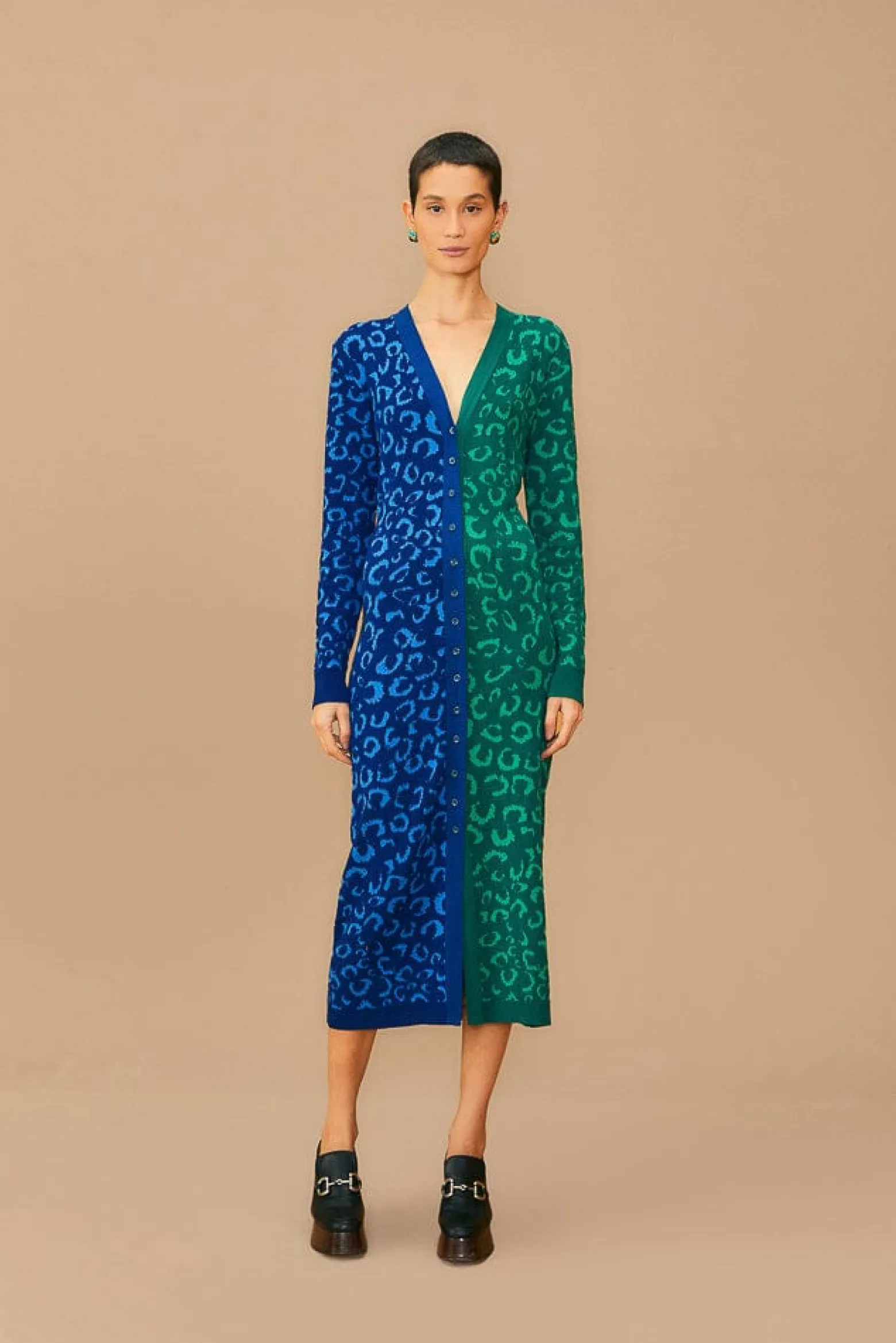 MIXED LEOPARDS KNIT MIDI CARDIGAN DRESS