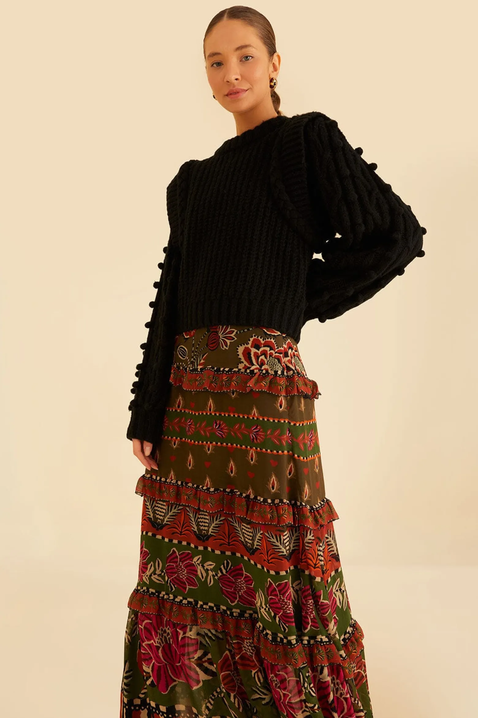  MULTICOLOR AINIKA FLORAL GARDEN TIERED MAXI SKIRT