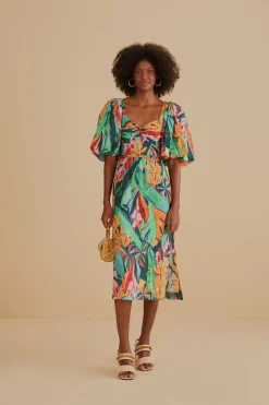MULTICOLOR BANANA FOLIAGE PUFF SLEEVE MIDI DRESS