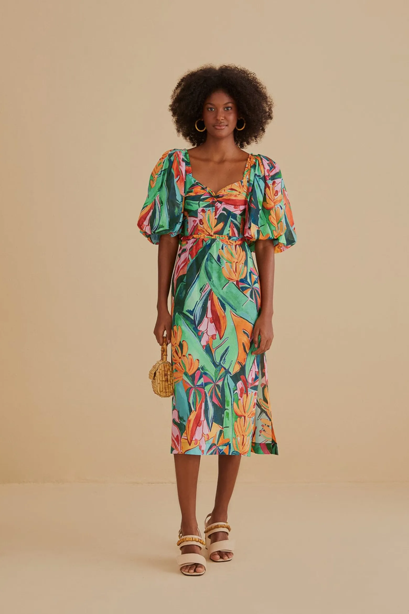 MULTICOLOR BANANA FOLIAGE PUFF SLEEVE MIDI DRESS