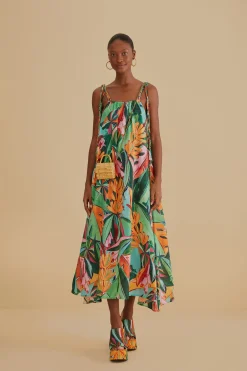 MULTICOLOR BANANA FOLIAGE SLEEVELESS MIDI DRESS