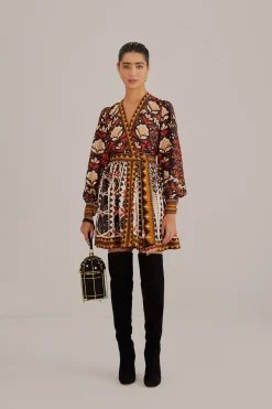  MULTICOLOR TAPESTRY GARDEN V NECK MINI DRESS