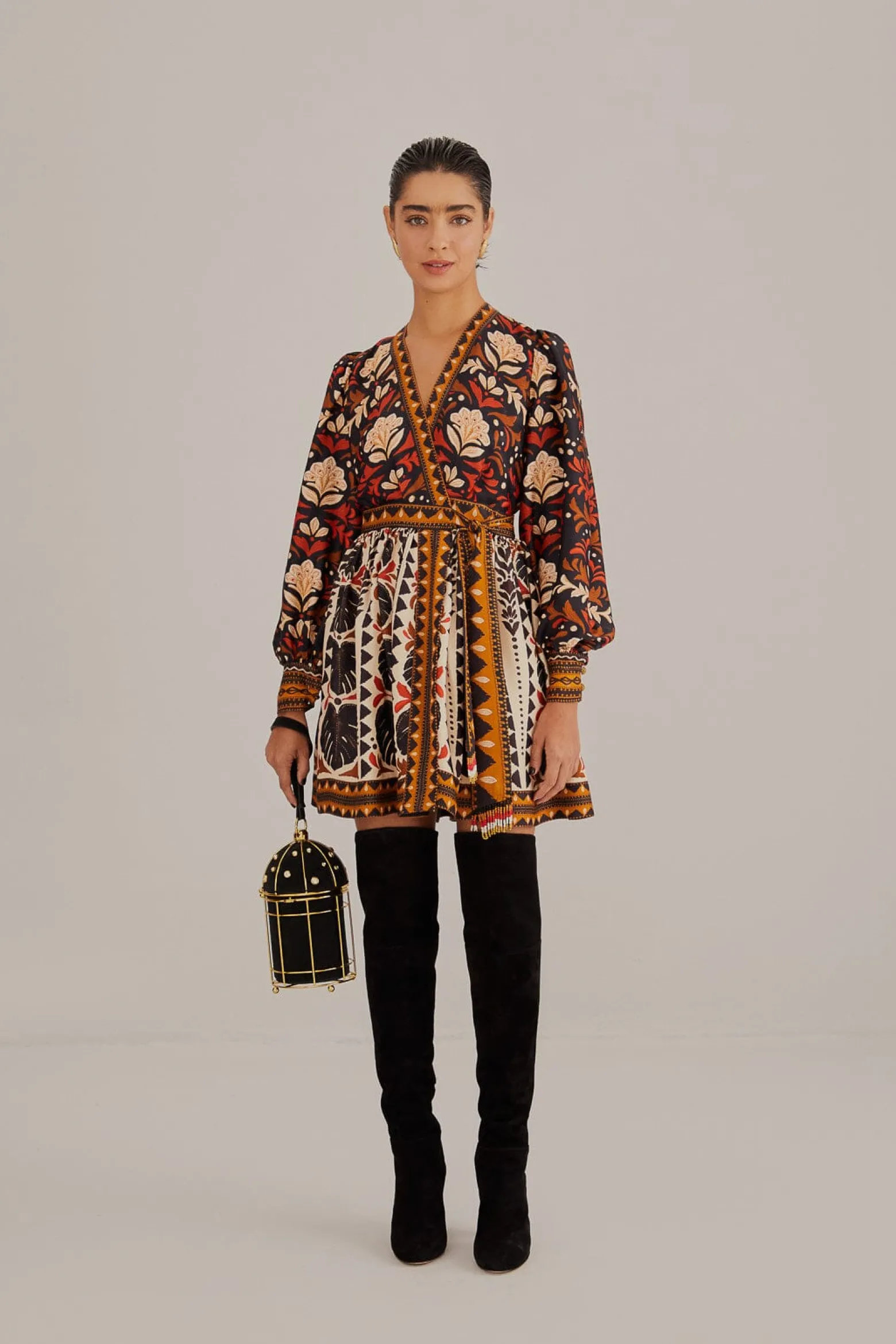  MULTICOLOR TAPESTRY GARDEN V NECK MINI DRESS