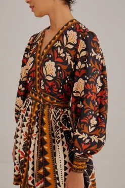  MULTICOLOR TAPESTRY GARDEN V NECK MINI DRESS
