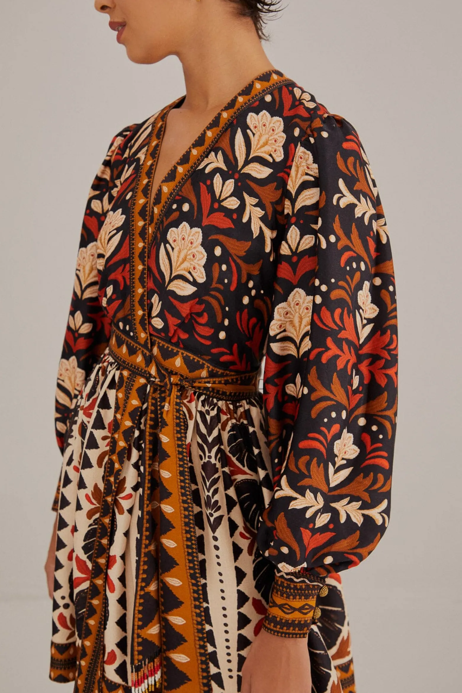  MULTICOLOR TAPESTRY GARDEN V NECK MINI DRESS