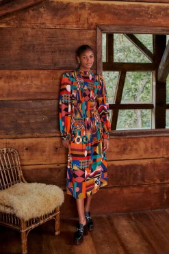 MULTICOLOR TROPICAL SHAPES LENZING™ ECOVERO™ VISCOSE MIDI DRESS