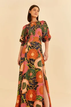 MULTICOLOR VINTAGE GARDEN PUFF SLEEVE MAXI DRESS