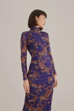 NAVY BLUE LEOPARDS HIGH NECK MIDI DRESS