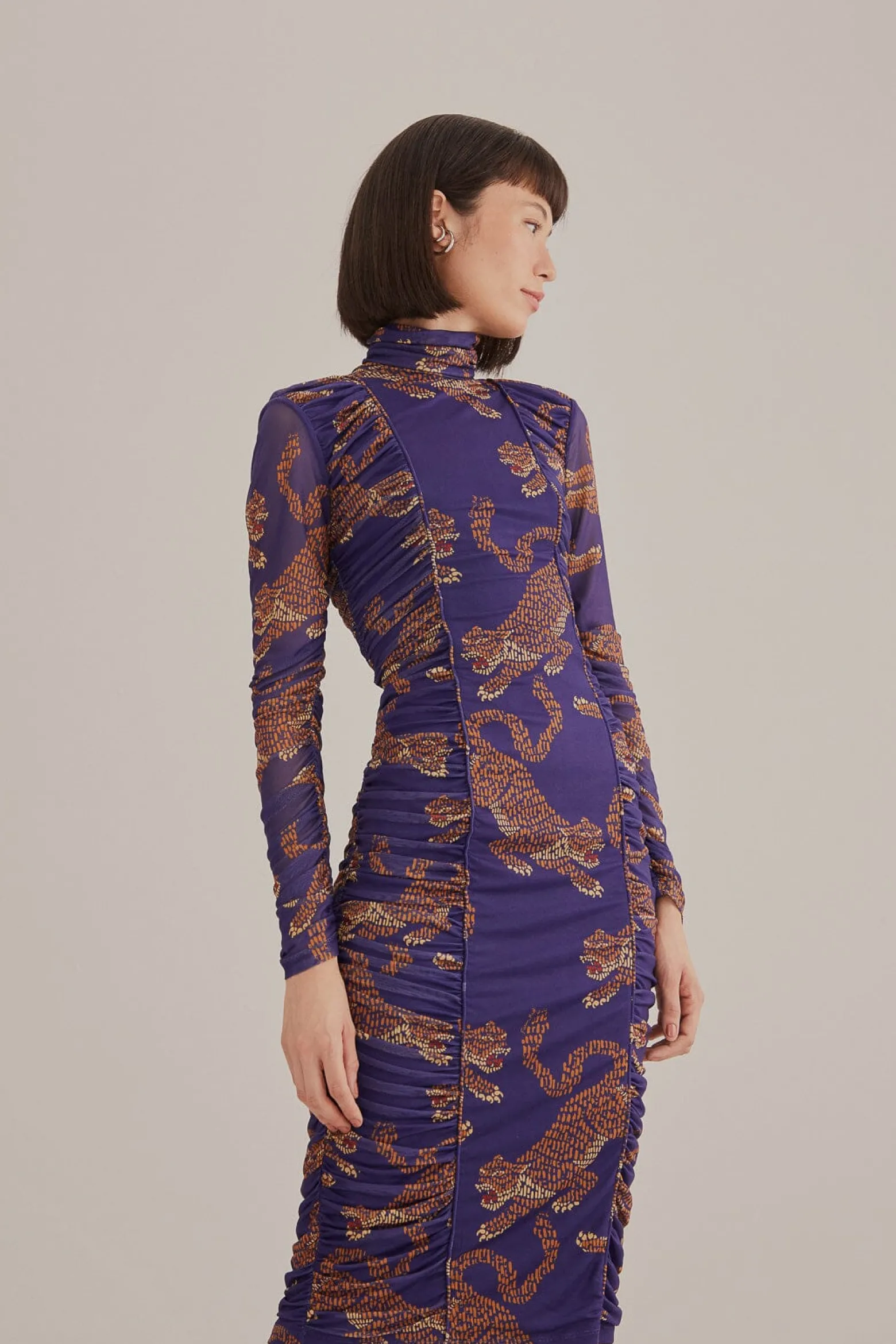 NAVY BLUE LEOPARDS HIGH NECK MIDI DRESS