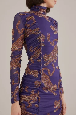 NAVY BLUE LEOPARDS HIGH NECK MIDI DRESS