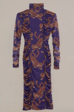 NAVY BLUE LEOPARDS HIGH NECK MIDI DRESS